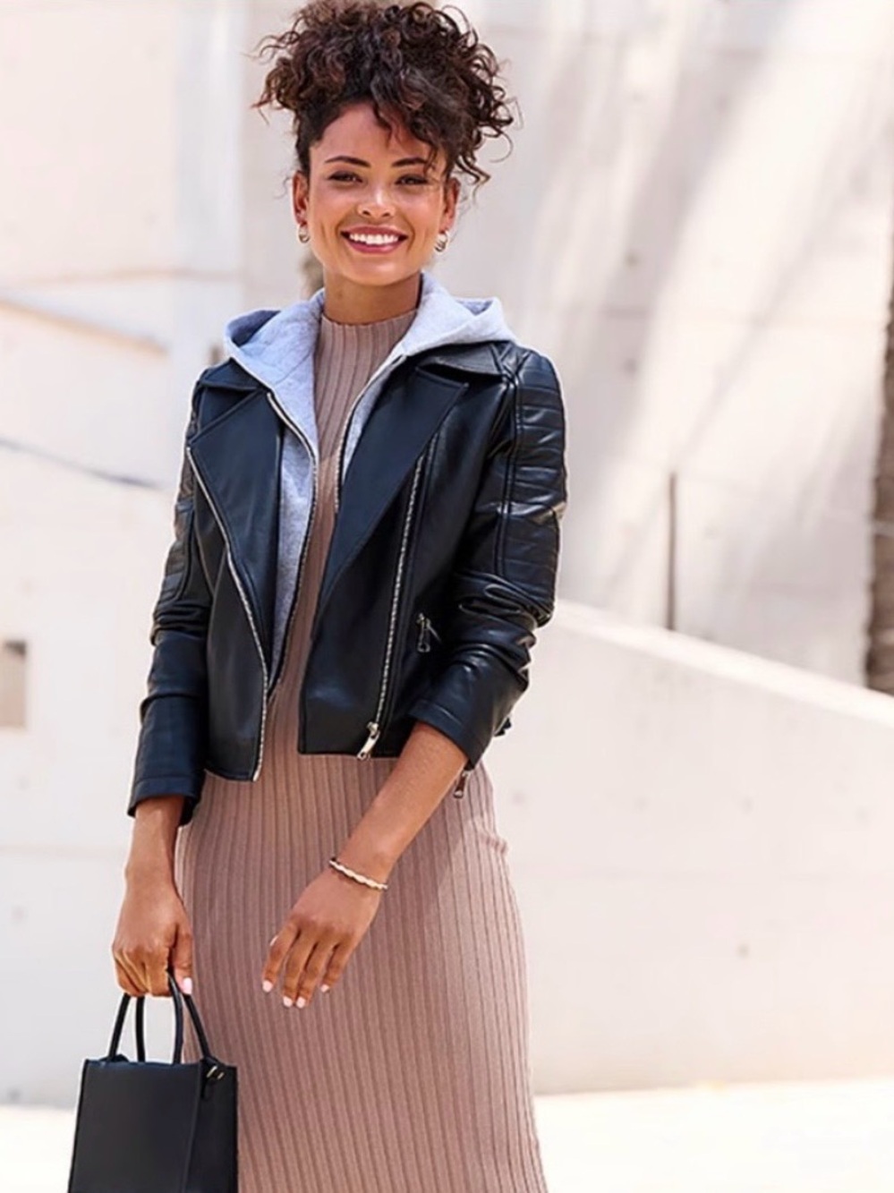 Black Faux Leather Moto Jacket with Detachable Grey Hood from Anthropologie